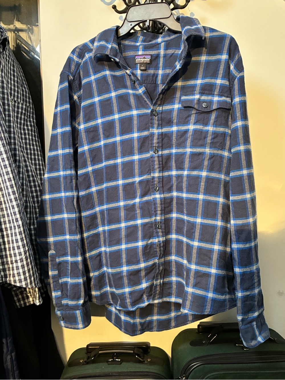 Patagonia Navy and Light Blue Plaid Casual Button-Down Shirt